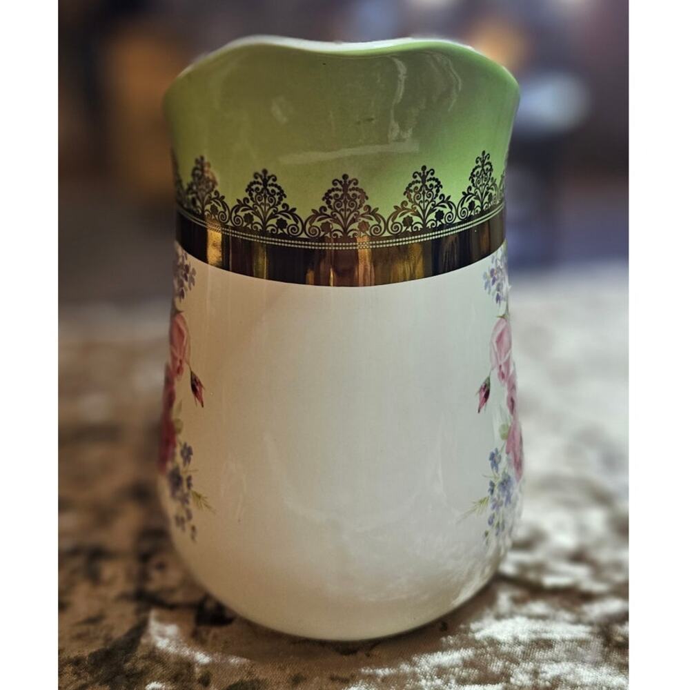 Hallmark ROSES PITCHER Pinks Green Gold Filigree Trim Shabby Chic Floral Cottage